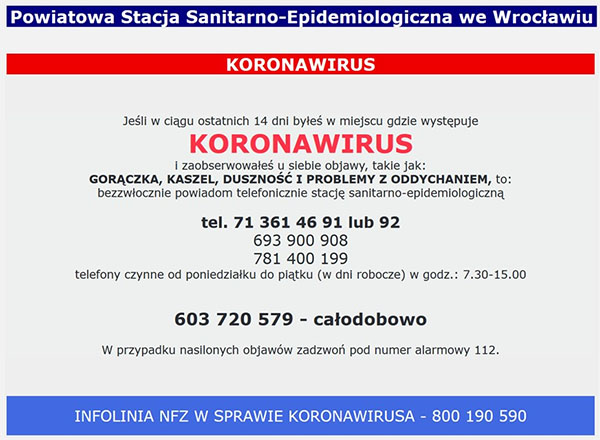WSSE we Wrocławiu, infolinia o koronawirusie
